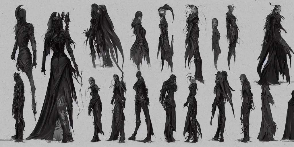 Prompt: gothic character side view detail designs, Milo Manara, Greg Rutkowski, character sheet, Darek Zabrocki, Karlkka, Jayison Devadas, Phuoc Quan, trending on Artstation, 8K, ultra wide angle, pincushion lens effect