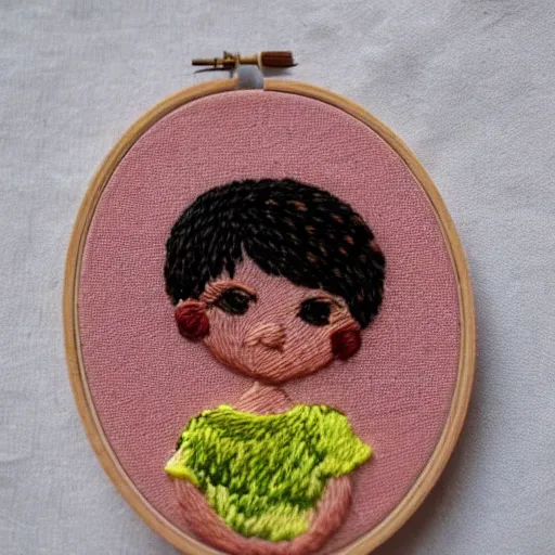 Prompt: a tiny beautiful handmade embroidery of a little girl with brown curly hair. hand embroidery.