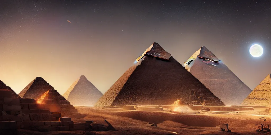 Image similar to huge asteroid impacting the pyramids, a lot of flying debris, greg rutkowski, 8 k, shallow depth of field, full moon, ultra high detail, concept art,