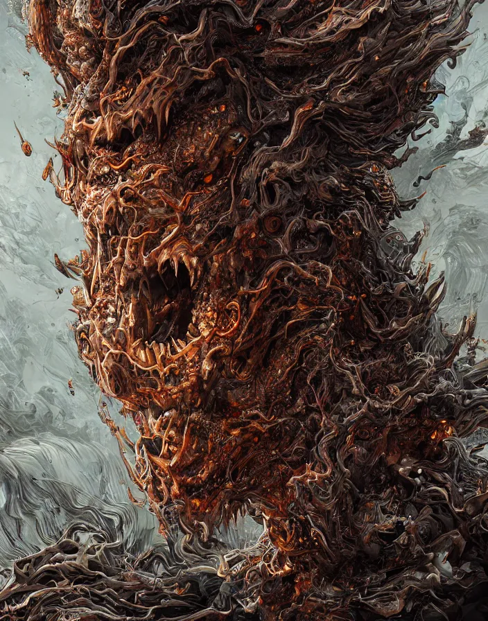 Prompt: portrait of a horrific monster. thousands of teeth. burning water distortions. intricate abstract. intricate artwork. by Tooth Wu, wlop, beeple, dan mumford. octane render, trending on artstation, greg rutkowski very coherent symmetrical artwork. cinematic, hyper realism, high detail, octane render, 8k, depth of field, bokeh. iridescent accents