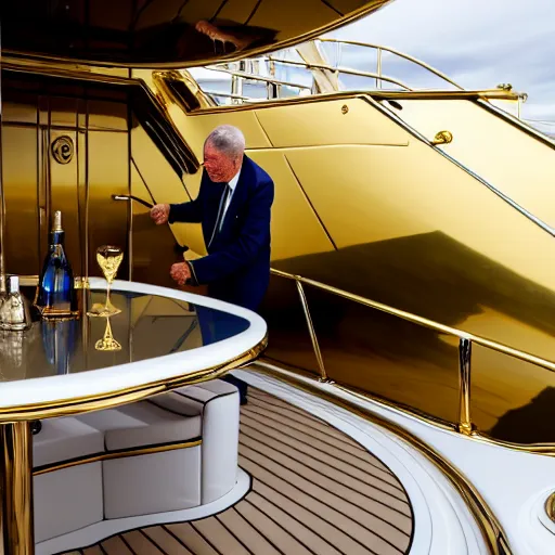 Image similar to wrinkled hunchbacked old butler polishing the side of a gold plated mega yacht