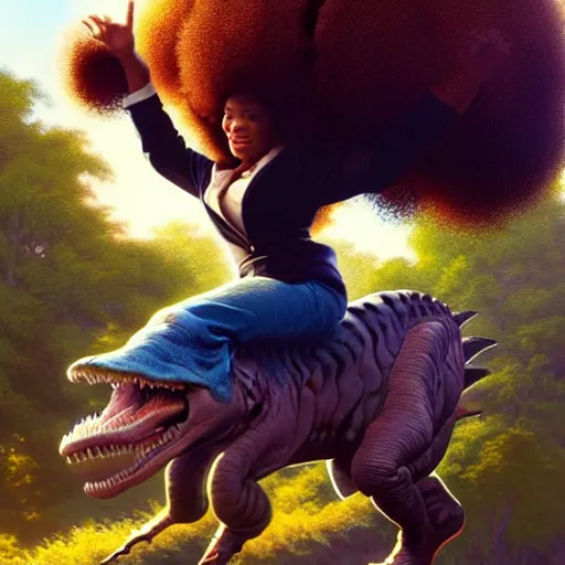 Image similar to bob ross!!! riding! a dinosaur!!, giant afro!, model pose, ultra realistic, concept art, intricate details, highly detailed, photorealistic, octane render, 8 k, unreal engine. art by artgerm and greg rutkowski and alphonse mucha