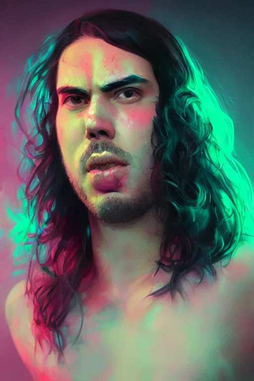 Image similar to portrait of andrew wk, busted nose, party hard in neon, charlie bowater, artgerm, ilya kuvshinov, krenz cushart, ruan jia, realism, ultra detailed, 8 k resolution