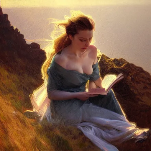 Prompt: hyperrealist portrait of a woman as amber heard reading a book atop a windy cliff by jeremy mann and alphonse mucha, fantasy art, photo realistic, dynamic lighting, artstation, poster, volumetric lighting, very detailed faces, 4 k, award winning