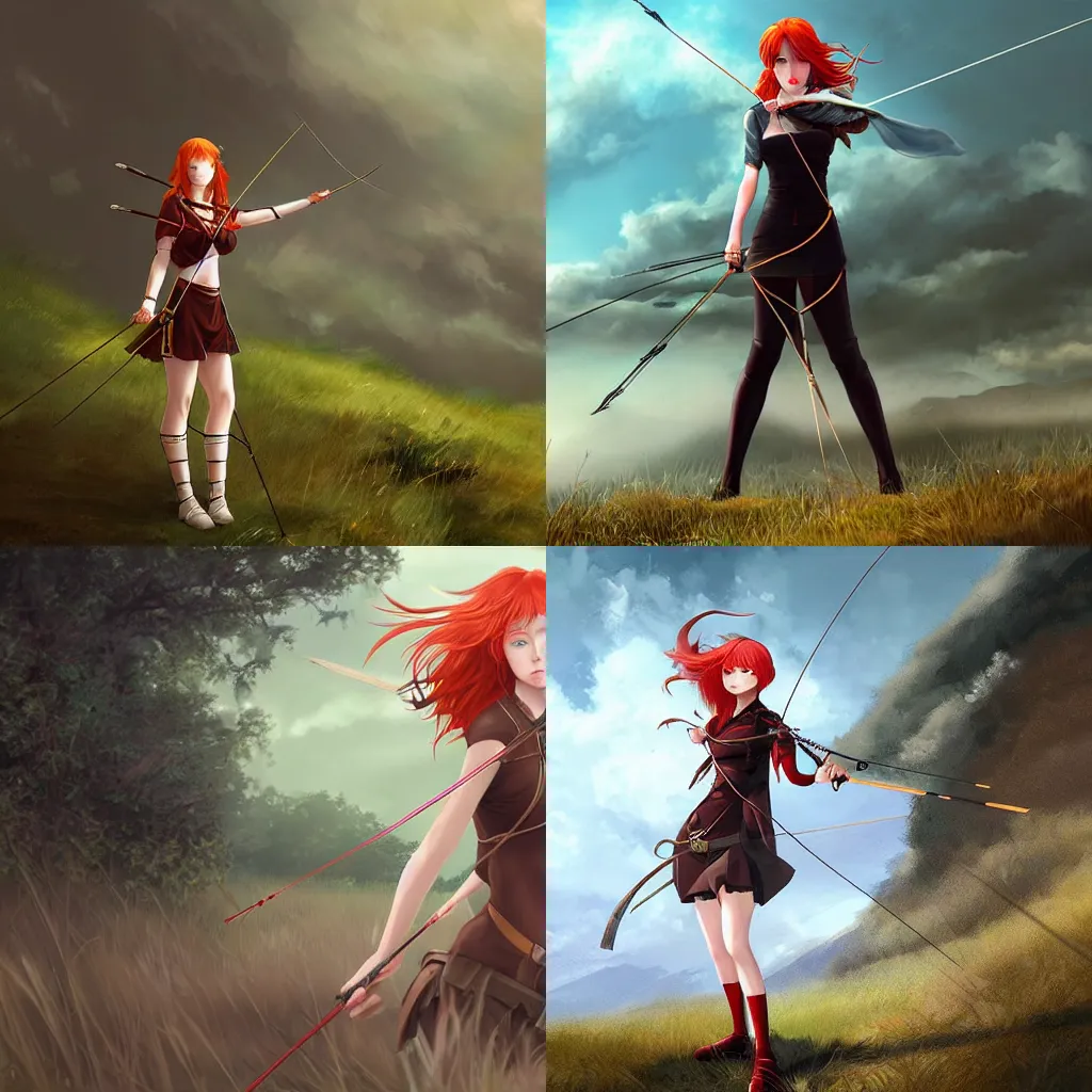 Prompt: A redheaded female archer, pulling and aiming her bow, standing at the top of a hill. Dark fantasy anime, digital painting by WLOP.