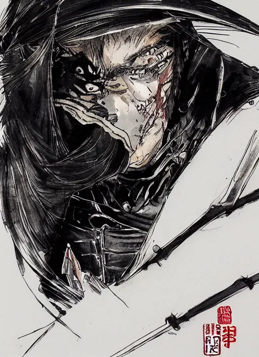 Prompt: portrait of a raven samurai, by takehiko inoue and kim jung gi and hiroya oku, masterpiece ink illustration,