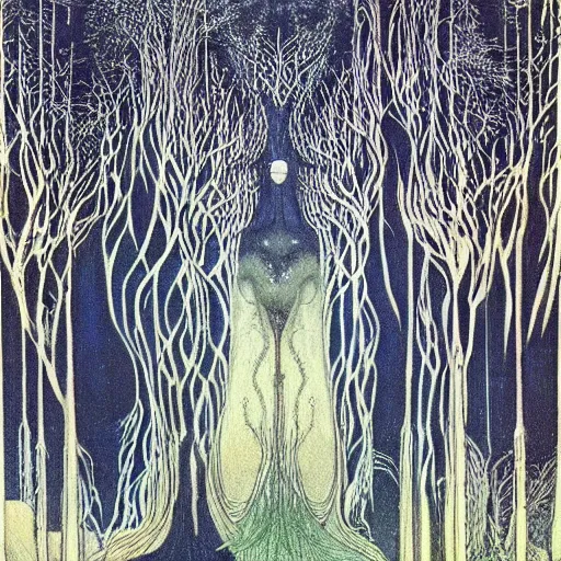 Prompt: an enchanted forest that resembles the High Priestess Tarot card by Kay Nielsen