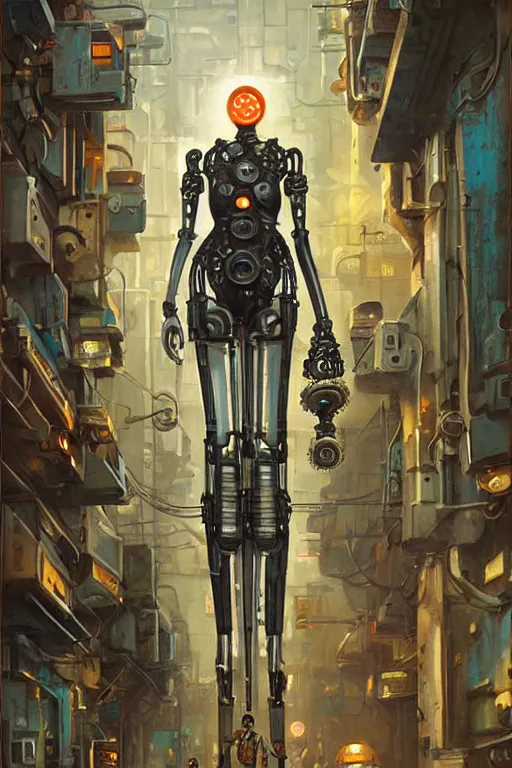 Prompt: a highly detailed retro futuristic female android with gears and other mechanical parts made out of pasta standing in a dank alleyway from blade runner, a robot made out of pasta, painting by Andreas Rocha and Greg Hildebrandt