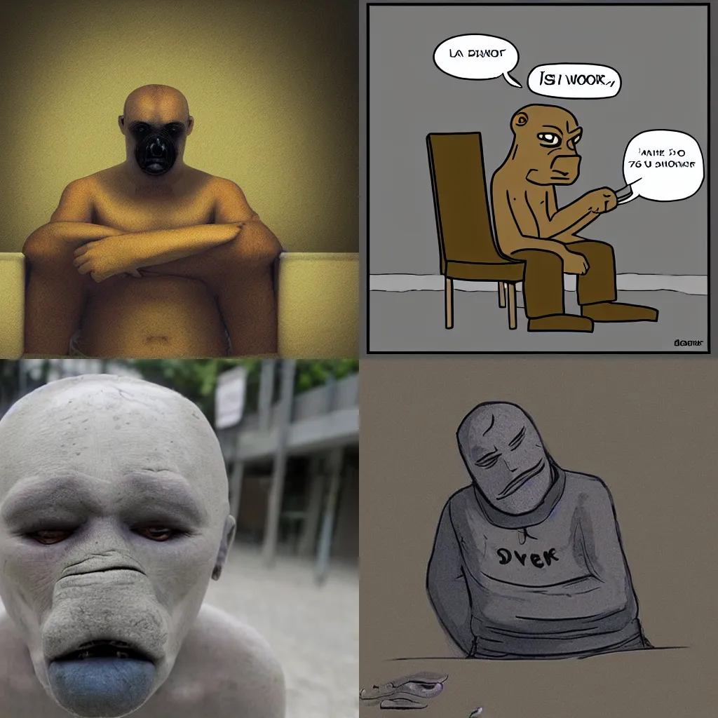 Prompt: doomer wojak is depressed and losing all hope, in existential crisis