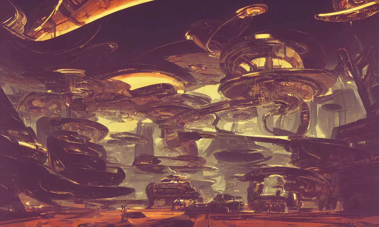 Image similar to Exploration of an ancient science-fiction alien world by Syd Mead, Federico Pelat