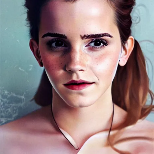 Image similar to A beautiful painting of Emma Watson with a faint pink tint in her cheeks. Her eyes are looking towards the left, and she wears a small possibly amused smile. by Raphael