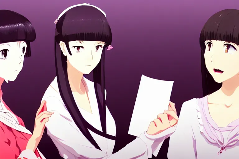 Prompt: portrait of two wise and very beautiful women discussing some texts appearing in a computer screen, in the style of bakemonogatari, intricate, elegant, highly detailed, smooth, sharp focus, artstation