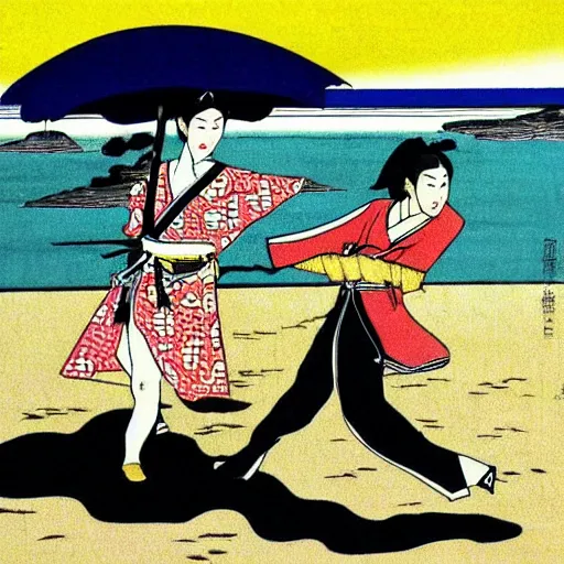 Image similar to Beautiful Japanese woman running from an old samurai on the beach Toshio Saeki, high detailed