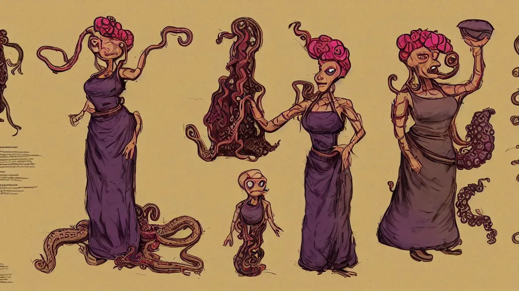 Prompt: aged paper, colorful character sheet for a stocky alien extraterrestrial female servant maid with thick snake - like tentacles instead of hair, long dress with apron, jim henson creature shop, coherent, illustration, digital art, trending on artstation, hd, 8 k, good lighting, beautiful, rough paper, masterpiece