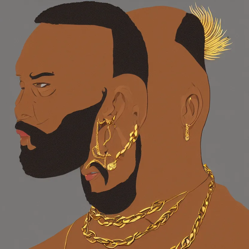 Image similar to mr. t, feather earrings, gold chains, stylized digital art