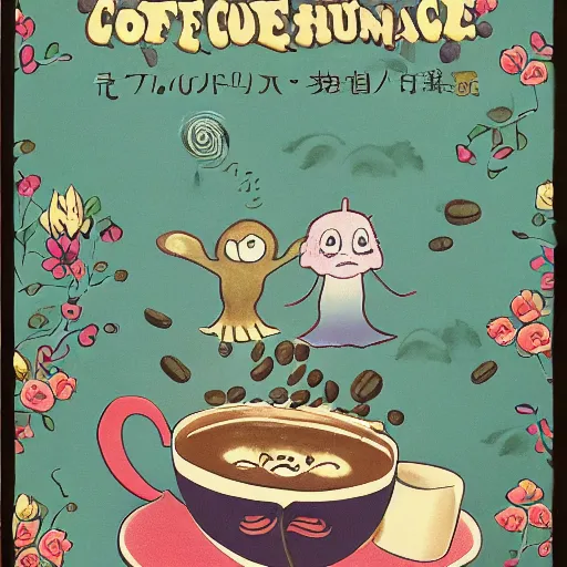 Prompt: a coffee advertisement with friendly monsters dancing around beautiful steaming cups of coffee, amongst coffee beans and flowers, and rainbows in the style of Japanese illustration, Maurice Sendak, Tove Jansson, high definition