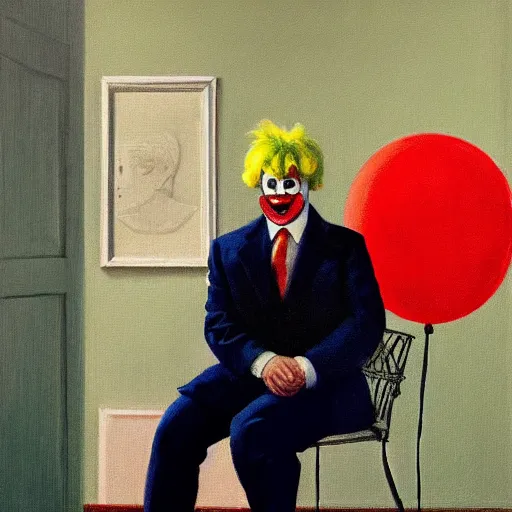 Image similar to a highly detailed fine art portrait of british prime minister boris john wearing a clown costume. in the style of edward hopper, richard hamilton and stanley kubrick.