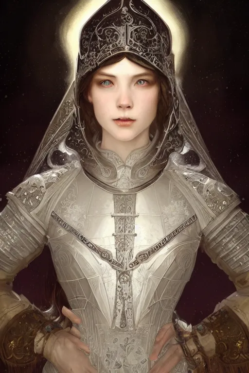 Image similar to beautiful and victorian and holy and divine and elite young medieval female white armor knight portrait +shinny eyes+front face with light flowing hair, ultradetail face, art and illustration by tian zi and craig mullins and WLOP and alphonse mucha, fantasy, intricate complexity, human structure, human anatomy, fantasy character concept, watermark, blurry, hyperrealism 8k