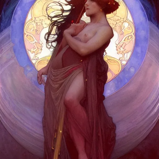 Image similar to awe-inspiring award-winning concept art nouveau painting of attractive figure called the goddess of the moonbow, darkness, by Alphonse Mucha, Michael Whelan, William Adolphe Bouguereau, John Williams Waterhouse, and Donato Giancola, cyberpunk, fierce, extremely moody lighting, glowing light and shadow, atmospheric, shadowy, cinematic, 8K,