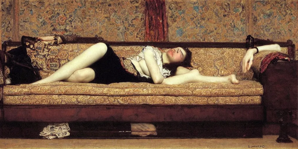 Prompt: A girl reclining on a sofa by Lawrence Alma-Tadema, orientalism,