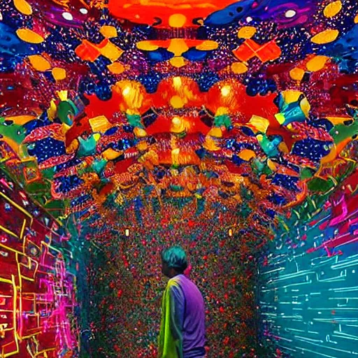 Prompt: A beautiful performance art of a space battle with wild, bright colors. by Tom Chambers, by Nathan Coley ultradetailed