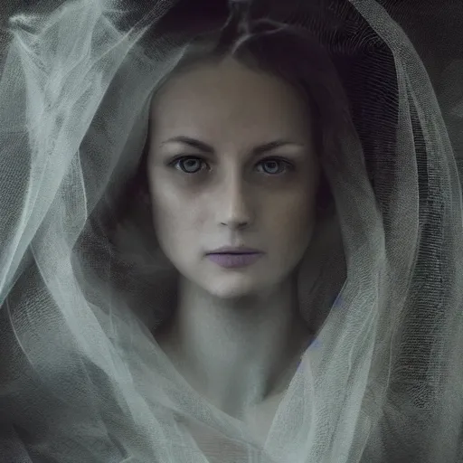 Image similar to portrait of a ghostly haunting female, depth of field, zeiss lens, detailed, symmetrical, centered, fashion photoshoot, by annie leibovitz and steve mccurry, david lazar, jimmy nelsson, breathtaking, 8 k resolution, extremely detailed, beautiful, establishing shot, artistic, hyperrealistic, beautiful face, octane render