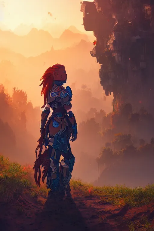 Image similar to combination suit armor aloy horizon forbidden west horizon zero dawn radiating a glowing aura global illumination ray tracing hdr fanart arstation by ian pesty and alena aenami artworks in 4 k tribal robot ninja mask helmet backpack