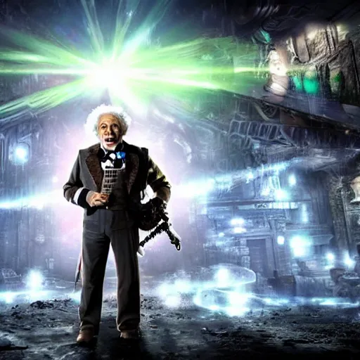 Image similar to ( ( albert einstein as willy wonka ) ) in gears of war, splash art, movie still, cinematic lighting, dramatic, octane render, long lens, shallow depth of field, bokeh, anamorphic lens flare, 8 k, hyper detailed, 3 5 mm film grain