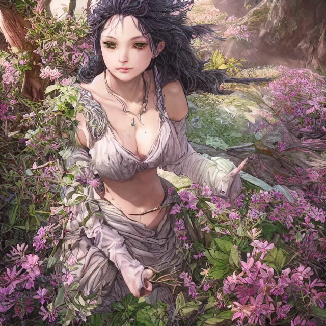 Image similar to the portrait of chaotic good female druid botanist as absurdly beautiful, gorgeous, elegant, young gravure idol, an ultrafine hyperdetailed illustration by kim jung gi, irakli nadar, intricate linework, sharp focus, bright colors, octopath traveler, final fantasy, unreal engine 5 highly rendered, global illumination, radiant light, detailed and intricate environment