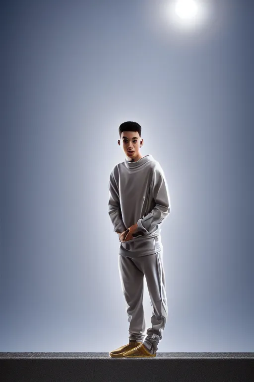 Image similar to un ultra high definition studio quality photographic art portrait of a young man standing on the rooftop of a british apartment building wearing soft padded silver pearlescent clothing. three point light. extremely detailed. golden ratio, ray tracing, volumetric light, shallow depth of field. set dressed.