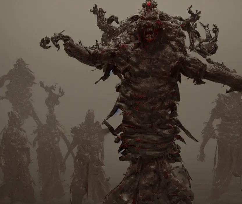 Image similar to samurai standing on a bunch of bodies with 6 arms , gloomy and foggy atmosphere, octane render, artstation trending, horror scene, highly detailded