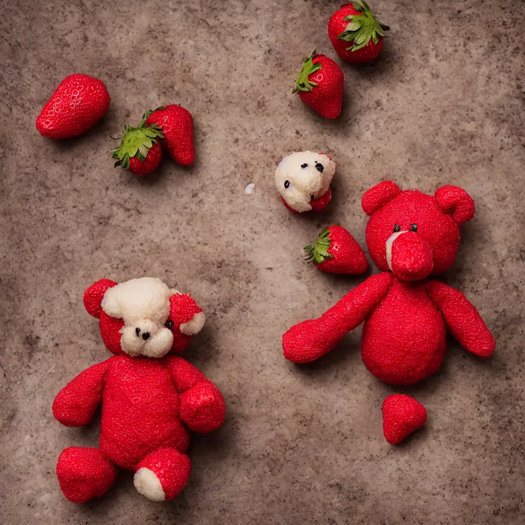 Image similar to a strawberry teddy bear, food photography studio lighting professional