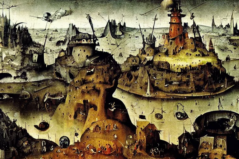 Prompt: dark souls landscape painted by hieronymus bosch