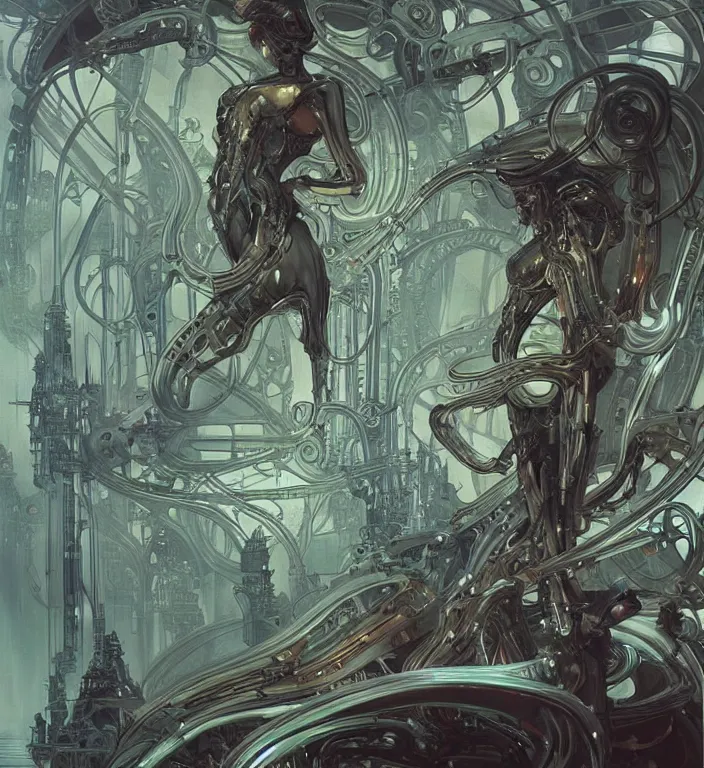 Image similar to digital artwork, illustration, cinematic camera, elegant biomechanical machinery, intricate machinery, biomimicry, bioluminescence, the ghosts in the machine, cyberpunk concept art by artgerm and Alphonse Mucha and Greg Rutkowski, highly detailed, elegant, intricate, sci-fi, sharp focus, dramatic lighting, Trending on Artstation HQ, deviantart