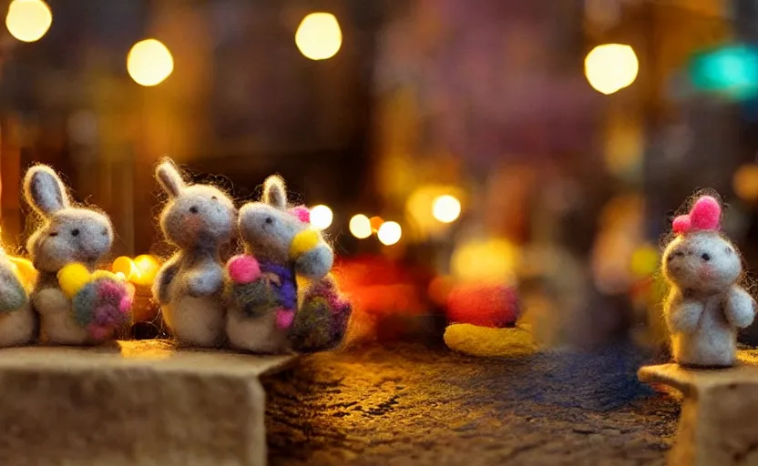 Prompt: miniature cafe diorama, macro photography, cafe with felted bunnies on a date, alleyway, ambient, atmospheric, british, cozy, bokeh, romantic, colorful lanterns
