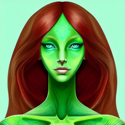Image similar to an elegant Redhead Pleiadian alien human beautiful hybrid feminine woman, green skin, feminine face, long gorgeous red hair in loose curls, with stunning green eyes, cute face and a roundish nose, as a retrofuturistic heroine, face and body, gorgeous psychedelic digital painting, artstation, concept art, smooth, sharp focus, illustration, art by artgerm and donato giancola and Joseph Christian Leyendecker, Ross Tran, WLOP