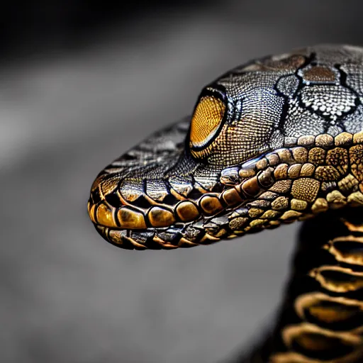 Image similar to large coiled snake with a chrome skull as the head, XF IQ4, f/1.4, ISO 200, 1/160s, 8K, RAW, unedited, symmetrical balance, in-frame