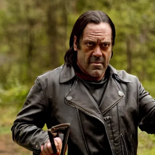 Image similar to cinematic still from the walking dead tv show with negan played by anton chigurh, anton is smirking and holding baseball bat, dark