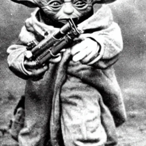 Image similar to old wartime photograph of yoda from star wards holding a lewis gun, grainy photo, sepia tone 1 9 1 7