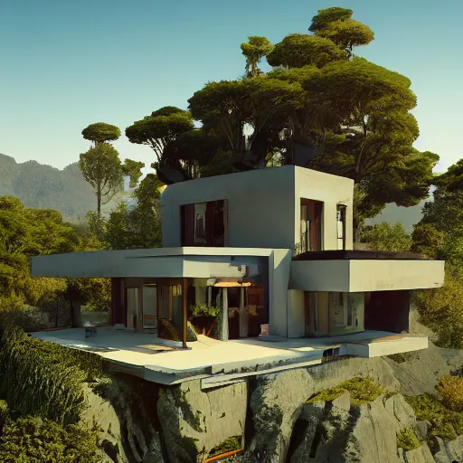 Image similar to modern villa inspired by a rooster, ultra detailed, matte painting, overlooking a valley, big trees, clouds, dramatic lighting, artstation, matte painting, raphael lacoste, simon stalenhag, frank lloyd wright, drone view