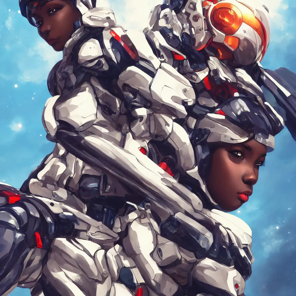 Image similar to portrait cartoon manga anime render of a strikingly gorgeous nigerian 👩🏿, wearing an intricate gundam pilot helmet, rossdraws, artgerm, norman rockwell, emiliano ponzi, epic composition, hd, octane, unreal engine, volumetric lighting, light rays, masterpiece, award - winning