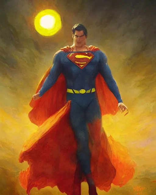 Image similar to superman emerging from the sun, elegant, orange yellow ethereal, horror, fantasy art by greg rutkowski and magali villeneuve and claude monet