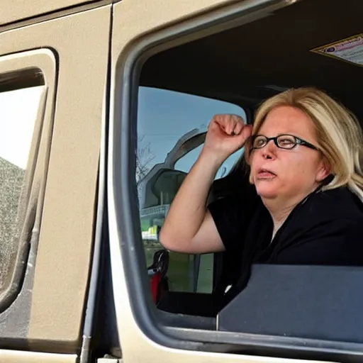 Image similar to angry liz cheney working at a mcdonald's drive - thru