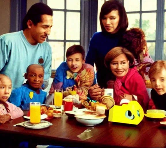 Prompt: color photo still of pac - man and ms pac - man and family at the breakfast table