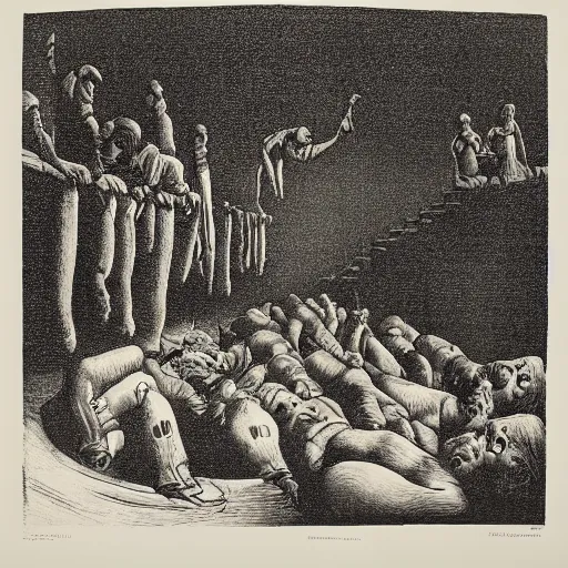 Prompt: a photocopy of a lost lithograph by mc escher after the style of goya's etchings