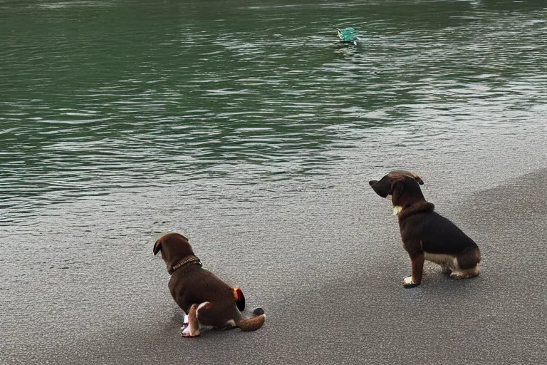 Image similar to a puppy is looking directly at the water below them while they stand at an edge