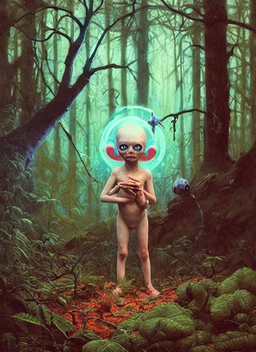 Image similar to cute alien in the woods by a river gorgeous lighting, lush forest foliage blue sky a hyper realistic painting by chiara bautista and beksinski and norman rockwell and greg rutkowski, tom bagshaw weta studio, and lucasfilm