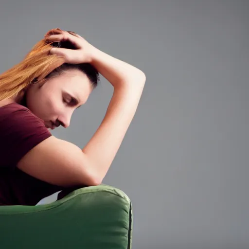 Image similar to girl with elbow on a desk and hands dragging back hair on the head sitting on a chair