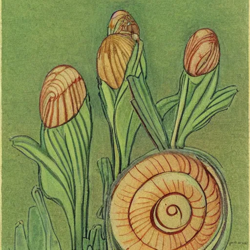 Image similar to snails in their shell by Maurice Denis, close-up, botanical illustration