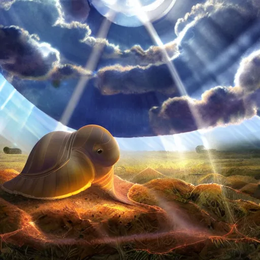 Prompt: a gian snail overlord being shinned by god rays covering the center surrounded by giant clouds surrounding the snail